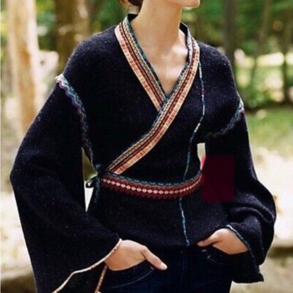 MOTH~ANTHROPOLOGIE Ribbon Trimmed Hippie Bohemian Wrap Sweater Size L - Picture 2 of 15